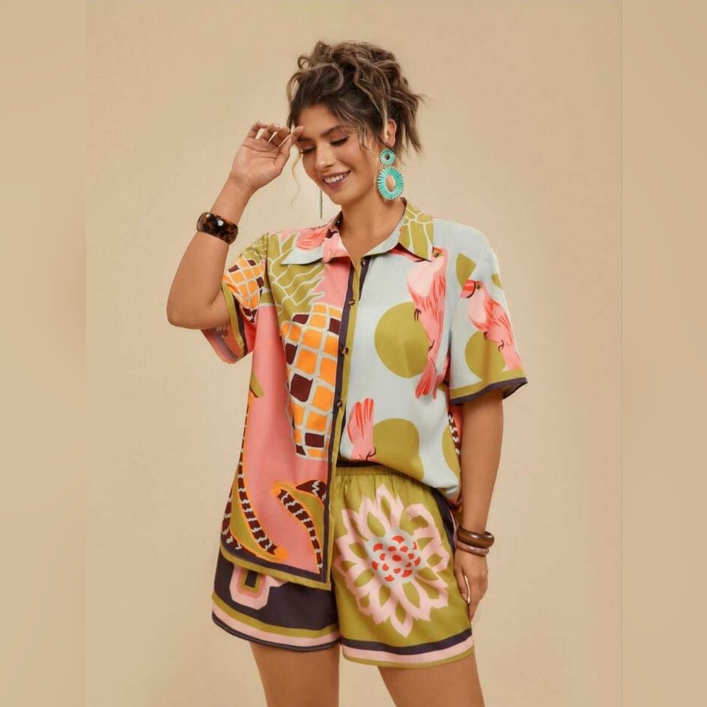 Travachic Asymmetrical Short Sleeve Shirt Top + Beach Shorts 2pcs Set